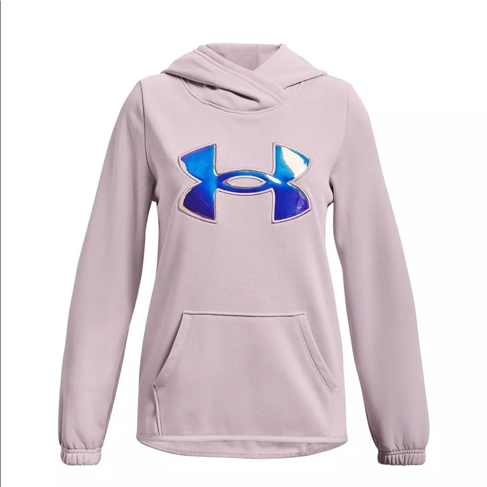 NWT- Under Armour Girls Armour Fleece Iridescent Big Logo Hoodie Loose YL Pink
